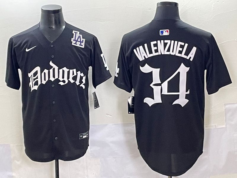 Men 2025 Los Angeles Dodgers 34 Valenzuela Black Seventh generation Joint Name Nike MLB Jersey style 13